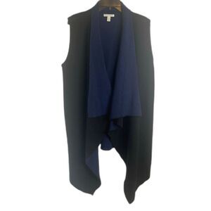 Dana‎ Buchman Black & Navy Belted Waterfall Sleeveless Cardigan Wool Blend Sz XL